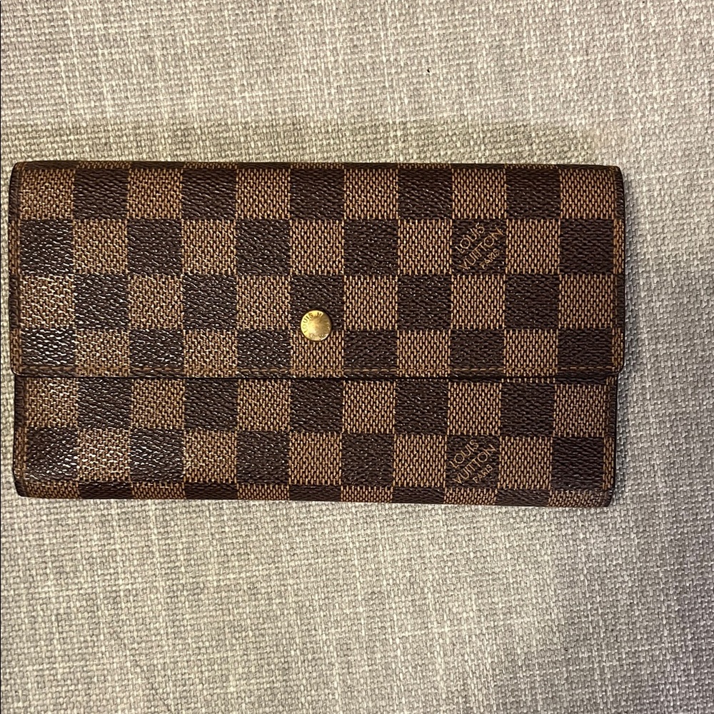 Louis Vuitton Brown Damier Checkbook Wallet with Gold Button